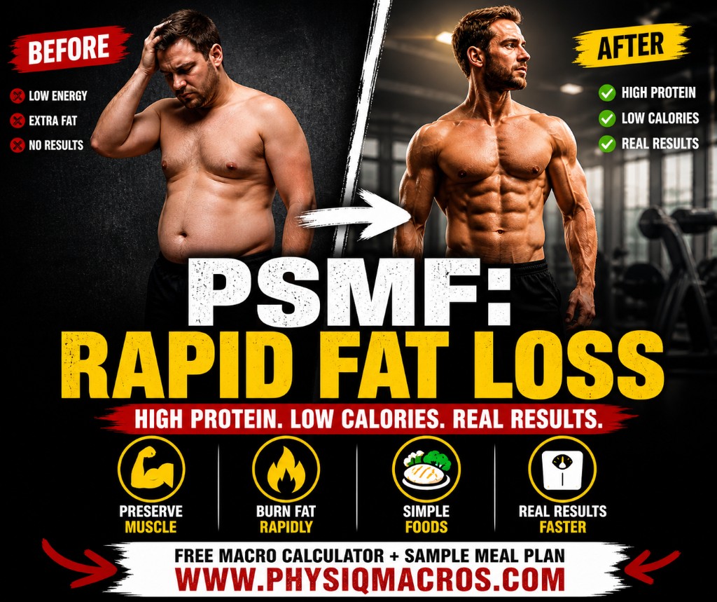 Promotional before-and-after style graphic for PSMF rapid fat loss with high-protein, low-calorie messaging and PhysiqMacros.com calculator CTA; marketing creative, not a guarantee of individual results
